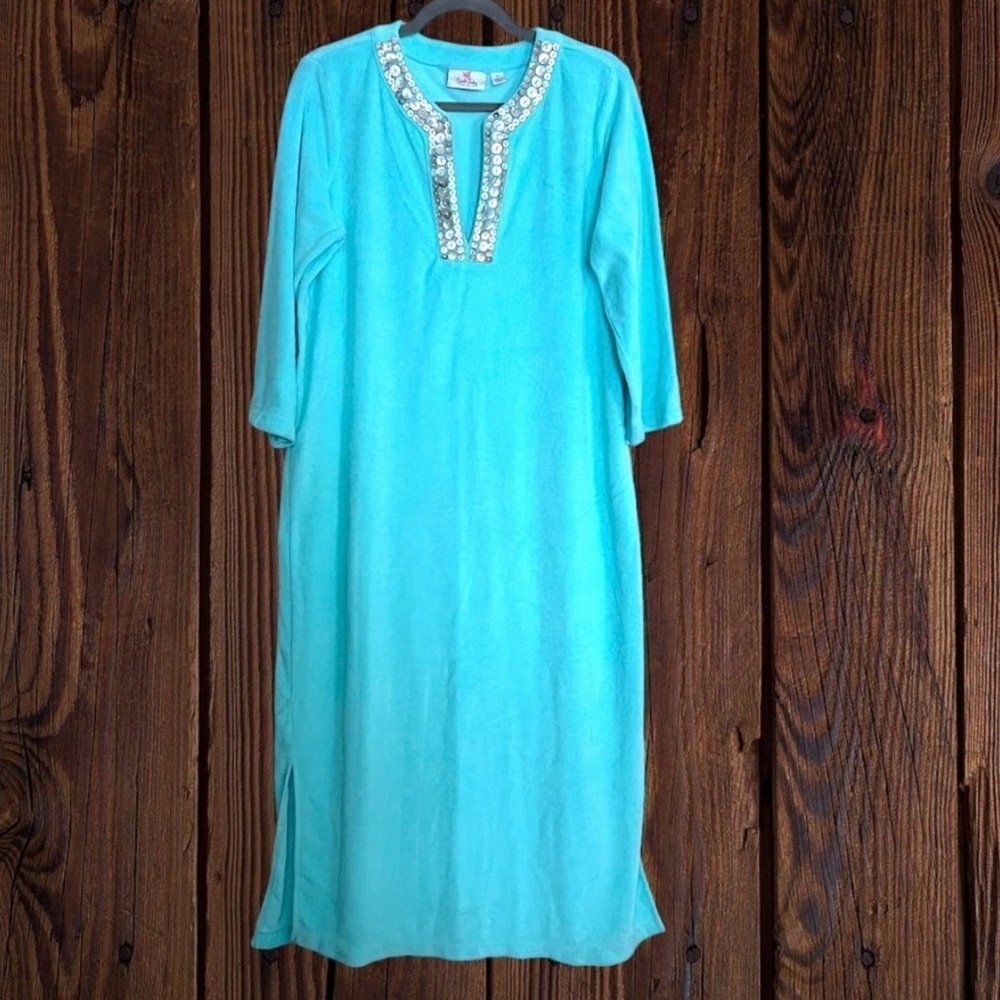 QUACKER FACTORY Aqua Shell Terry Cloth Maxi Dress Swim Cover Aqua Loungewear M